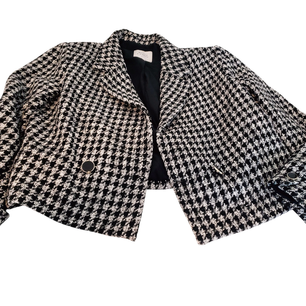Vintage Blazer Suit Jacket Womens 12 Black White Houndstooth Cropped Tweed Paris - Picture 5 of 16